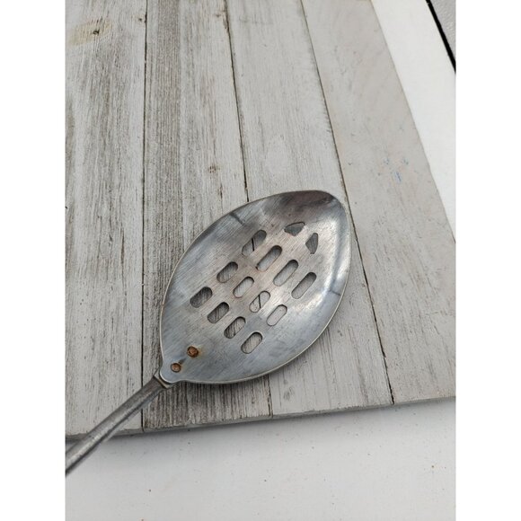 Vintage Chromium Plated Slotted Serving Spoon 12" Wood Handle - Picture 7 of 7